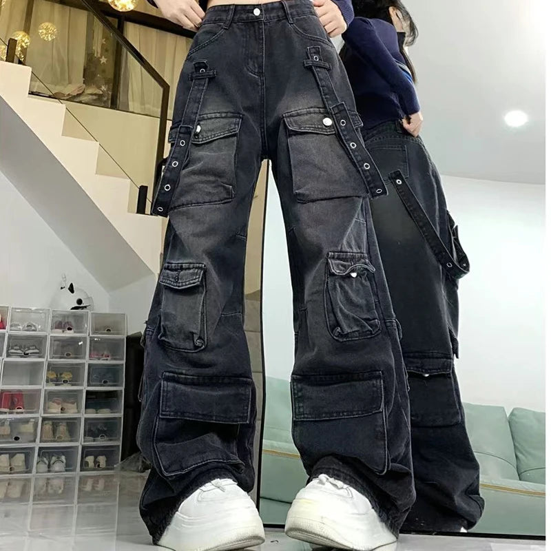 Women's Black Baggy Cargo Jeans Harajuku Oversize Denim Trousers Y2k 90s Vintage 2000s Jean Pants Trashy Clothes 2025 - Premium Kiosk