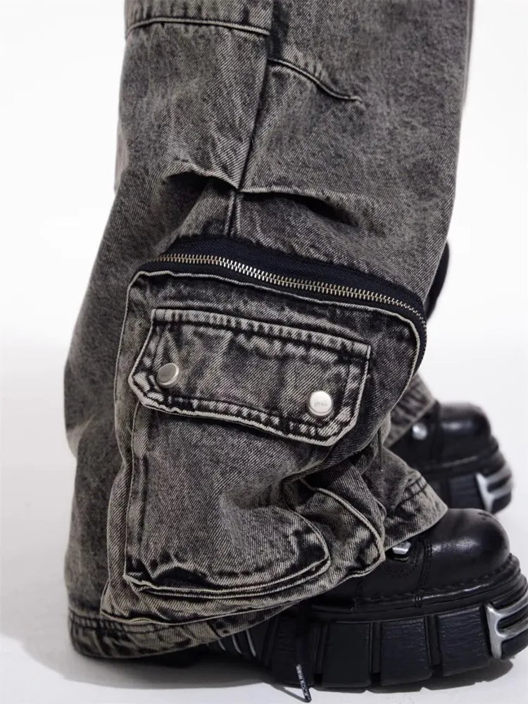 2025 Cyber Y2K Streetwear Washed Grey Baggy Cargo Jeans Pants For Men 90S Vintage Clothes Wide Leg Zipper Gothic Denim Trousers - Premium Kiosk