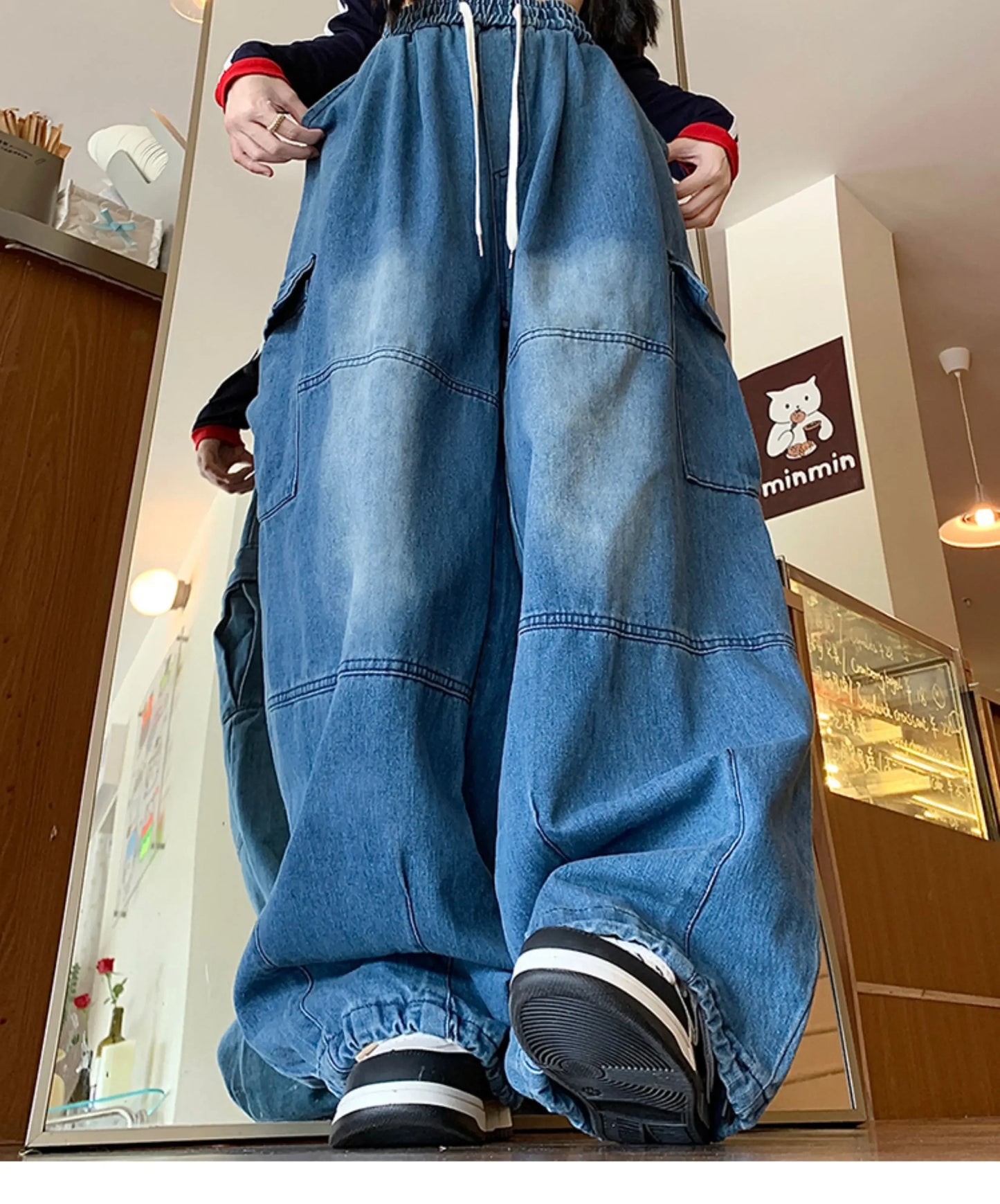 Cargo Jean Loose Wide Leg Workwear Jeans Elastic Waist Men and Women Spring Autumn Faion Brand Waed Out Trousers Straight Cut