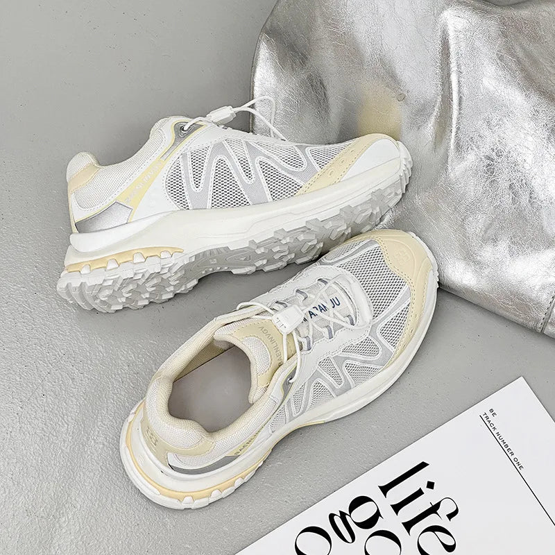 Women's Dad Shoes Thick Sole Heightening 2025 Spring Autumn Pure Color Adult Laced Comfortable Polyurethane Casual Sports Shoes