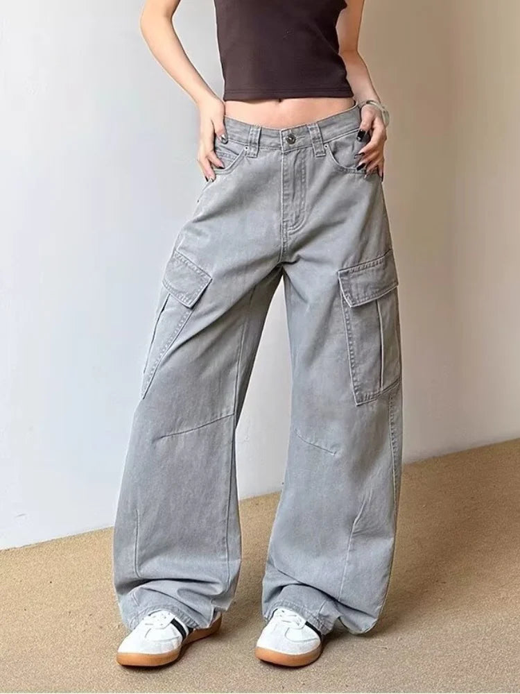 2025 Ropa Y2K Fashion Vintage Grey Baggy Cargo Jeans Pants For Women Clothing Wide Leg Kpop Casual Lady Trousers Pantalon Femme - Premium Kiosk