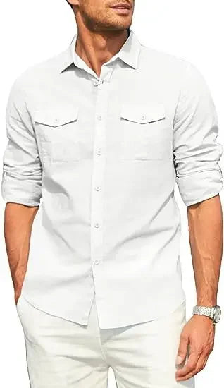 Men's Shirt Double-pocket Long-sleeved Shirt Casual Holiday Shirt Solid Color Simple Lapel Solid Color Work Shirt Top Shirt