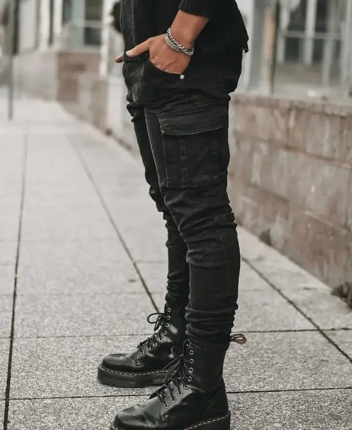 2025 Men Jeans Pencil Pants Cargo Denim Solid Ankle Length Washing Punk Mid Waist Sheath Gothic Slight Strech High Street - Premium Kiosk