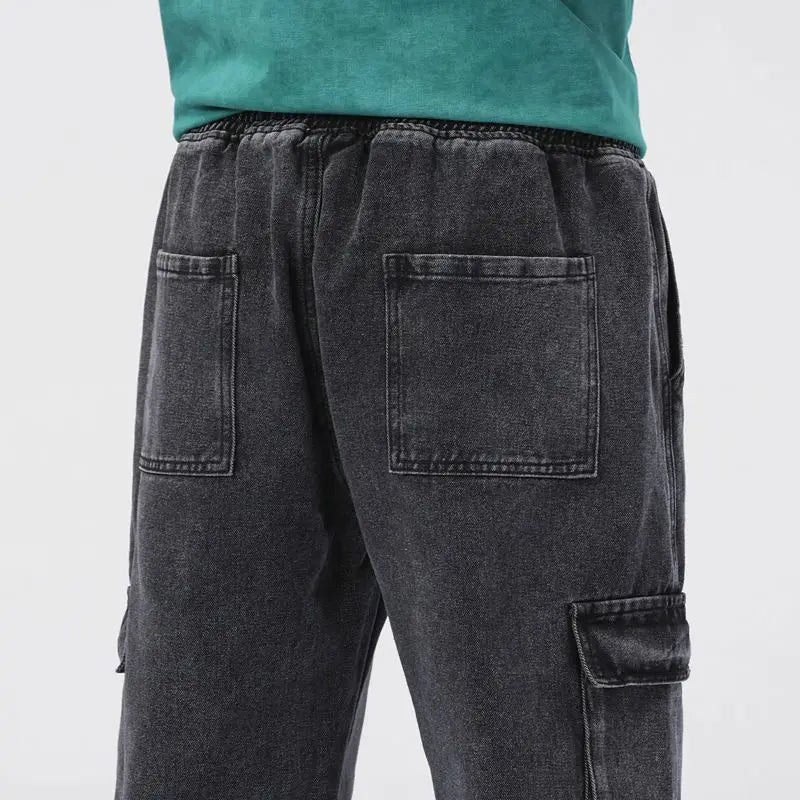 Men's Baggy Straight Cargo Jeans Elastic Waist Drawstring Casual Pants High Street Fashion Vintage Trousers Male Trendy Brand