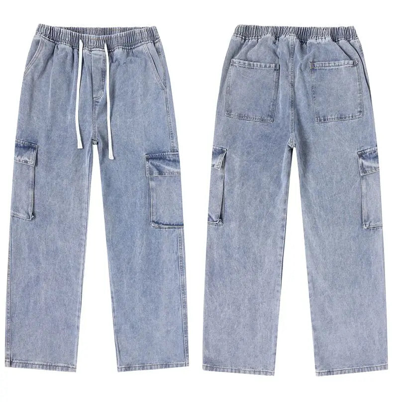 Men's Baggy Straight Cargo Jeans Elastic Waist Drawstring Casual Pants High Street Fashion Vintage Trousers Male Trendy Brand