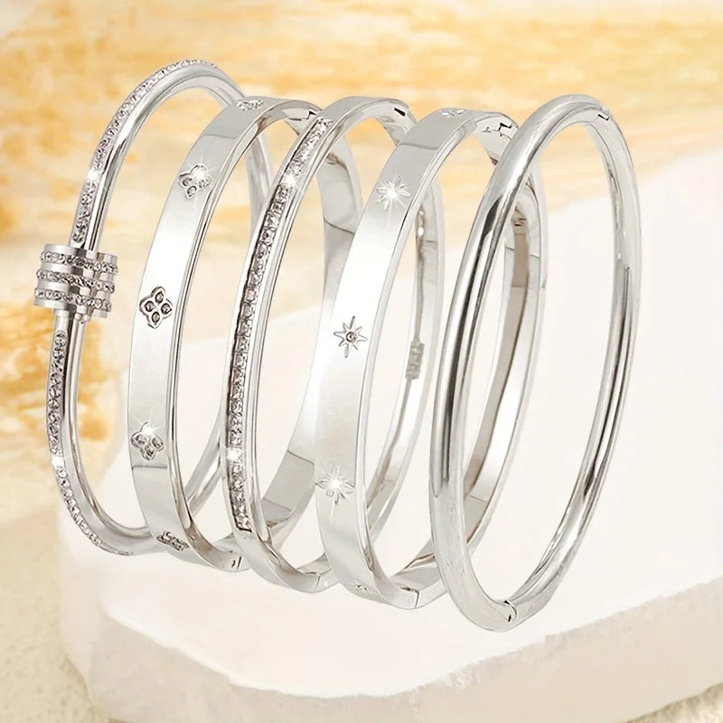 5-piece Women Bracelet Set - 18k Gold Plated Stainless Steel With Sparkling Rhinestone Embellishments Stackable Fashion Jewelry