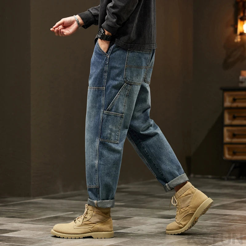 2024 Cargo Jeans Men Harem Pants Loose Baggy Pants Blue Patched Fashion Designer Pockets Trousers Oversized Tapered Streetwear - Premium Kiosk