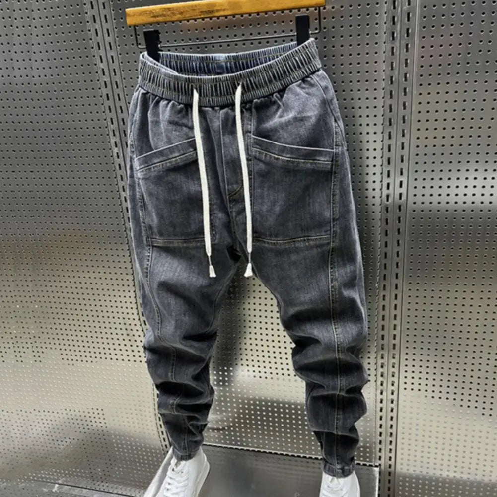 Elastic Waist Jeans Men's Elastic Drawstring Waist Denim Cargo Pants With Pockets Solid Color Harem Trousers For Spring Autumn - Premium Kiosk