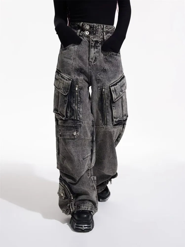 2025 Cyber Y2K Streetwear Washed Grey Baggy Cargo Jeans Pants For Men 90S Vintage Clothes Wide Leg Zipper Gothic Denim Trousers - Premium Kiosk