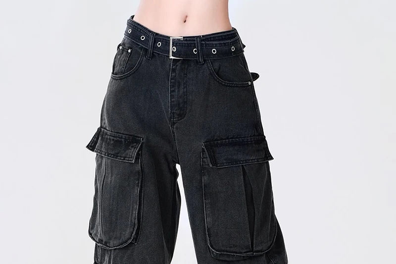 Y2K 2000S Black Cargo Jeans Women Vintage Streetwear Wide Leg Denim Pants Harajuku Aesthetic High Waist Baggy Straight Trousers - Premium Kiosk