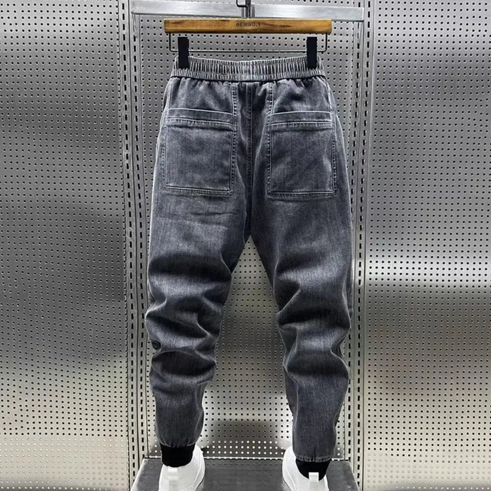 Elastic Waist Jeans Men's Elastic Drawstring Waist Denim Cargo Pants With Pockets Solid Color Harem Trousers For Spring Autumn - Premium Kiosk