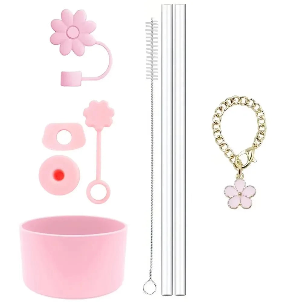 Accessories for Stanley Cup Set of 9, 2 Straw and Brush and 1 Flower Charm Chain 3 Spill Proof Stopper Flowers Straw Cover Boot