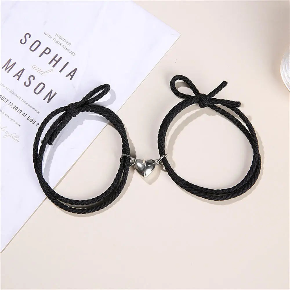 2pcs/Set Rope Braided Bracelet Trendy Alloy Magnet Attachment Couple Bracelet Simple Love Heart Black And White Bracelet Jewelry