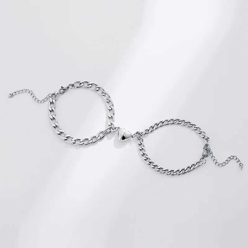 2Pcs/set Magnet Couple Bracelets Heart Attraction Bracelet Stainless Steel Charm Simple Cuban Chains Key Lock Jewelry Gifts