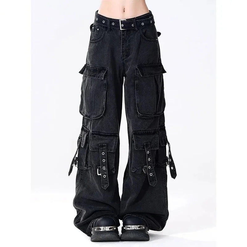 Y2K 2000S Black Cargo Jeans Women Vintage Streetwear Wide Leg Denim Pants Harajuku Aesthetic High Waist Baggy Straight Trousers - Premium Kiosk