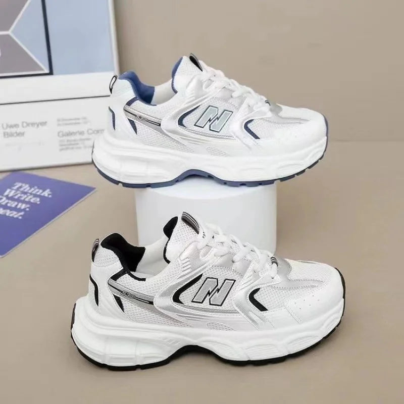 2025 Women's Dad Sneakers, Color-Block Thick-Sole Breathable White Sports Shoes, Casual Running