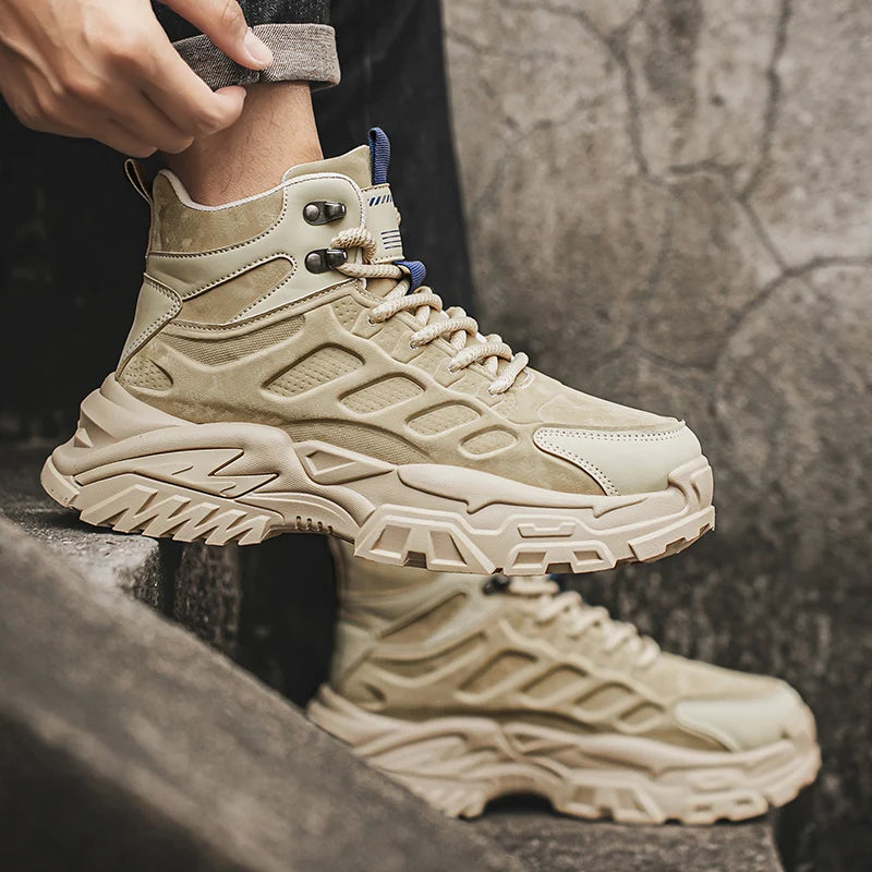 2025 Men's high-top thick-sole casual shoes versatile mixed material daddy sneakers outdoor tooling wear-resistant men's shoes
