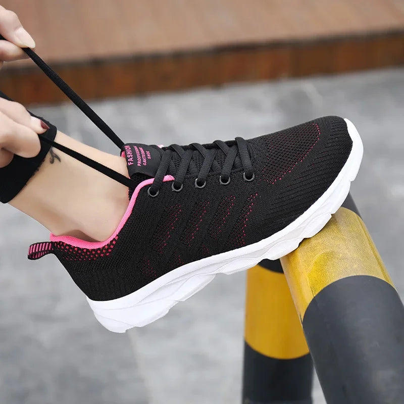 Women's Black Breathable Knitted Sneakers Casual Lace Up Outdoor Walking Shoes Comfortable Fashionable Versatile Tennis Shoes