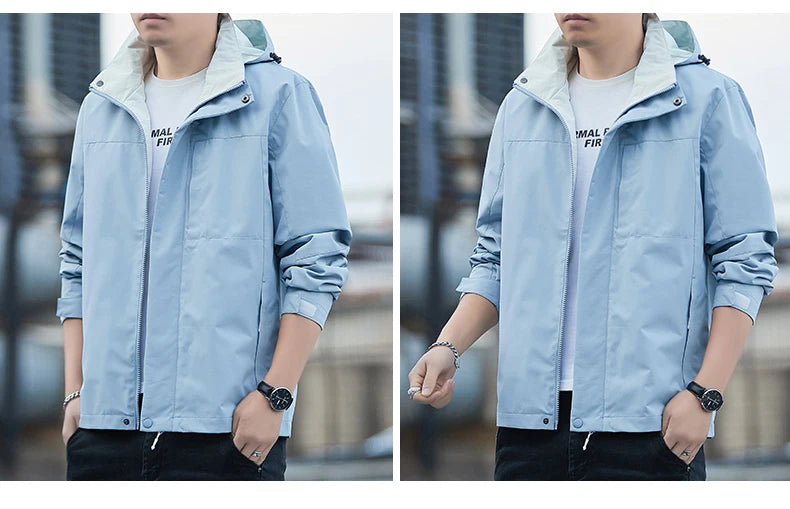 Jacket Men's 2025 Spring and Autumn Fashion Casual Waterproof Hooded Windbreaker Male Outdoor Camping Sports Solid Color Coat