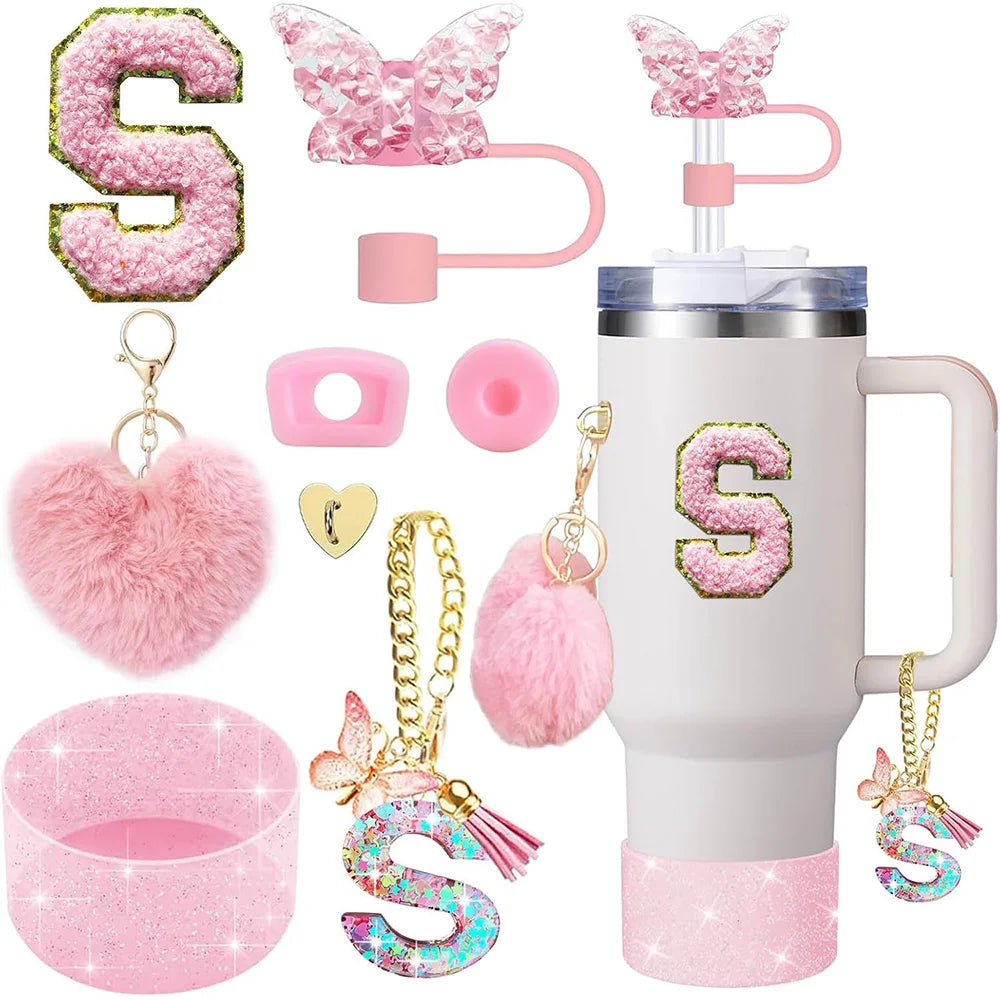 8pcs Cup Accessories for Stanley Cup 30oz 40oz Includes Butterfly Straw Cover Cap Silicone Boot Handle Charm Initials Sticker