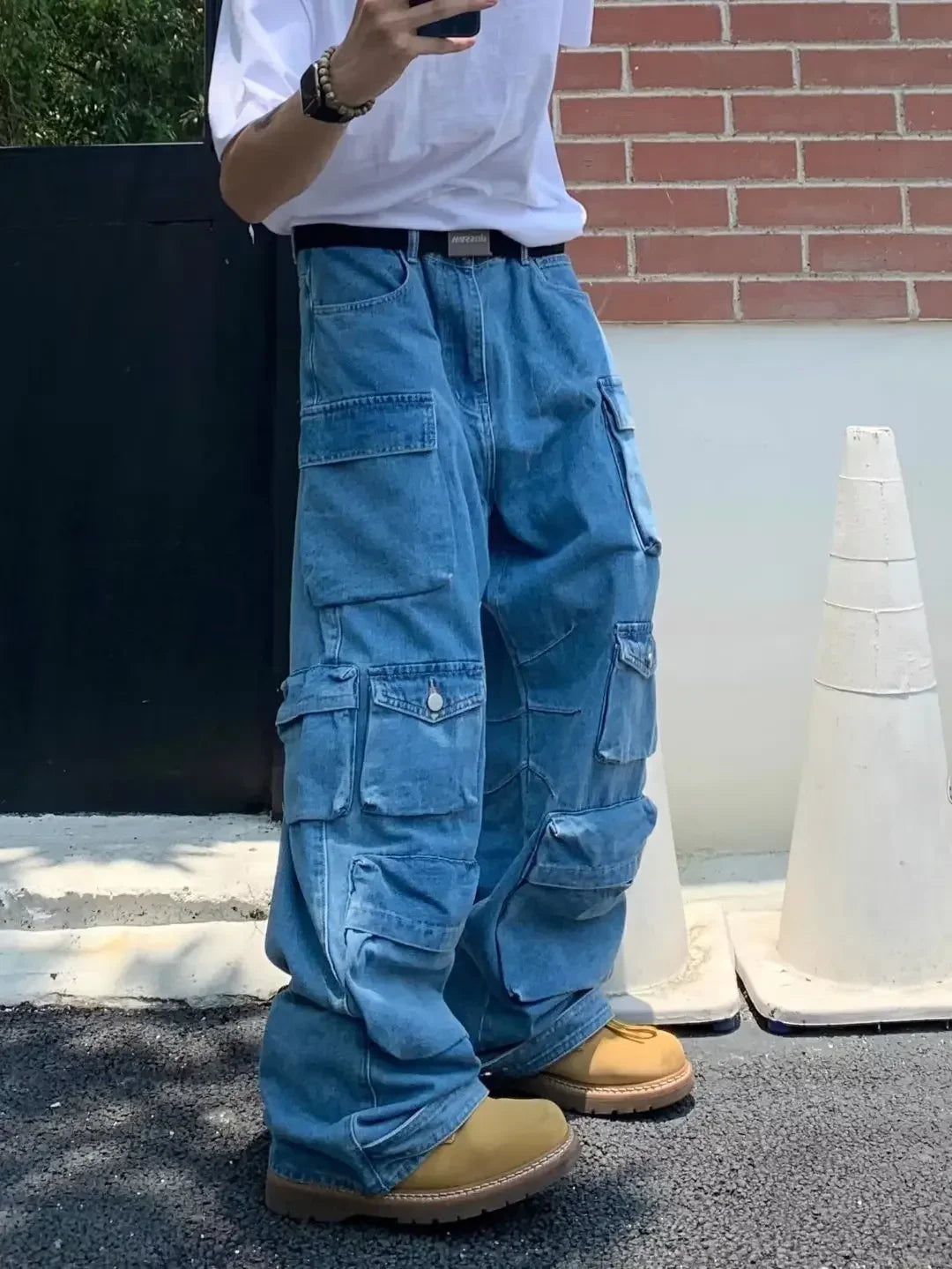 Men's Cargo Jeans Spring New Fashion Hip Hop Streetwear Multi Pocket Loose Blue Wide Legs Denim Pants Personalized Y2K Trousers - Premium Kiosk