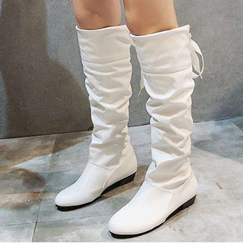 2024Shoes For Women Knee High Boots Red Black White Tall Boots Woman Pleated Low Heel Casual Leather Female Long Shoes