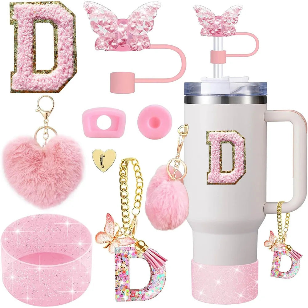 8pcs Cup Accessories for Stanley Cup 30oz 40oz Includes Butterfly Straw Cover Cap Silicone Boot Handle Charm Initials Sticker