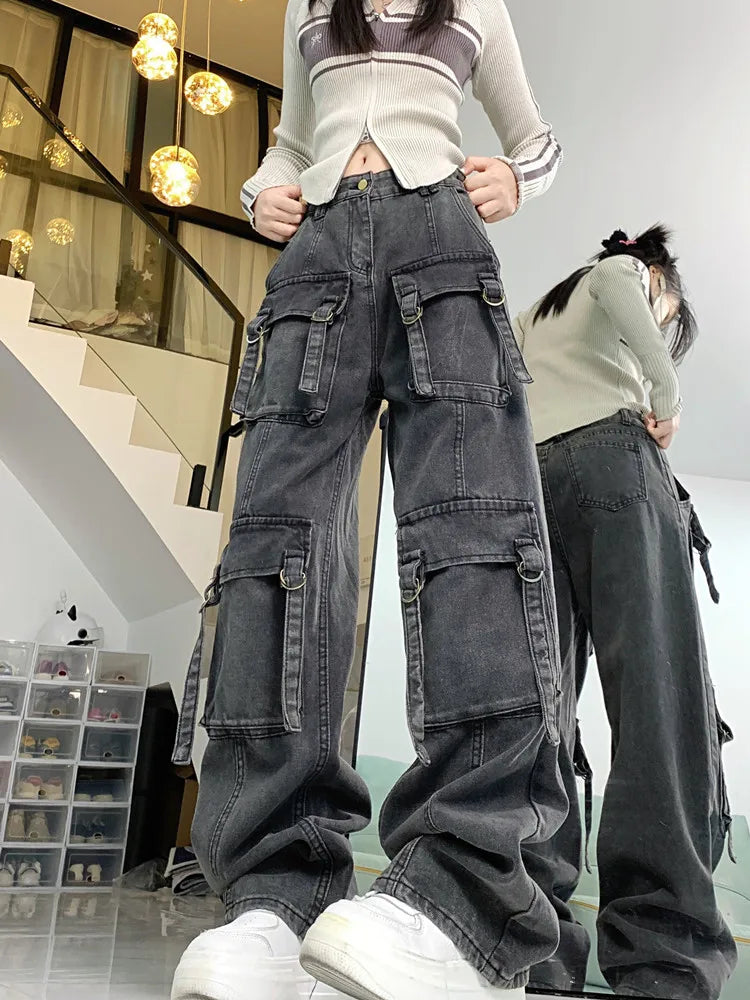 2023 Cyber Y2K Streetwear Grey Distressed Baggy Cargo Jeans Pants For Women Multiple Pockets Wide Leg Hip Hop Lady Old Trousers - Premium Kiosk