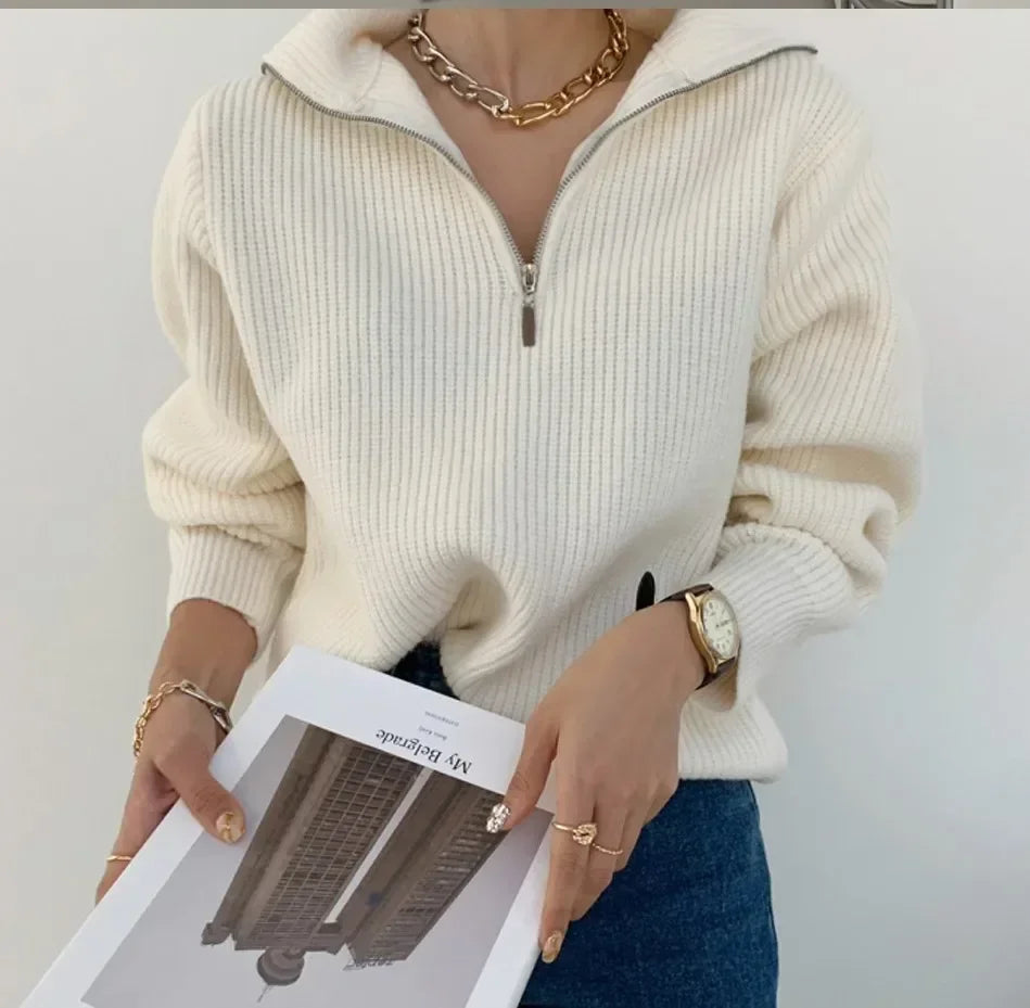 Women's Winter Sweaters Solid Grey Ladies Turtleneck Casual Loose Thick Zippers Pullovers Beautiful Oversized Sweater Women