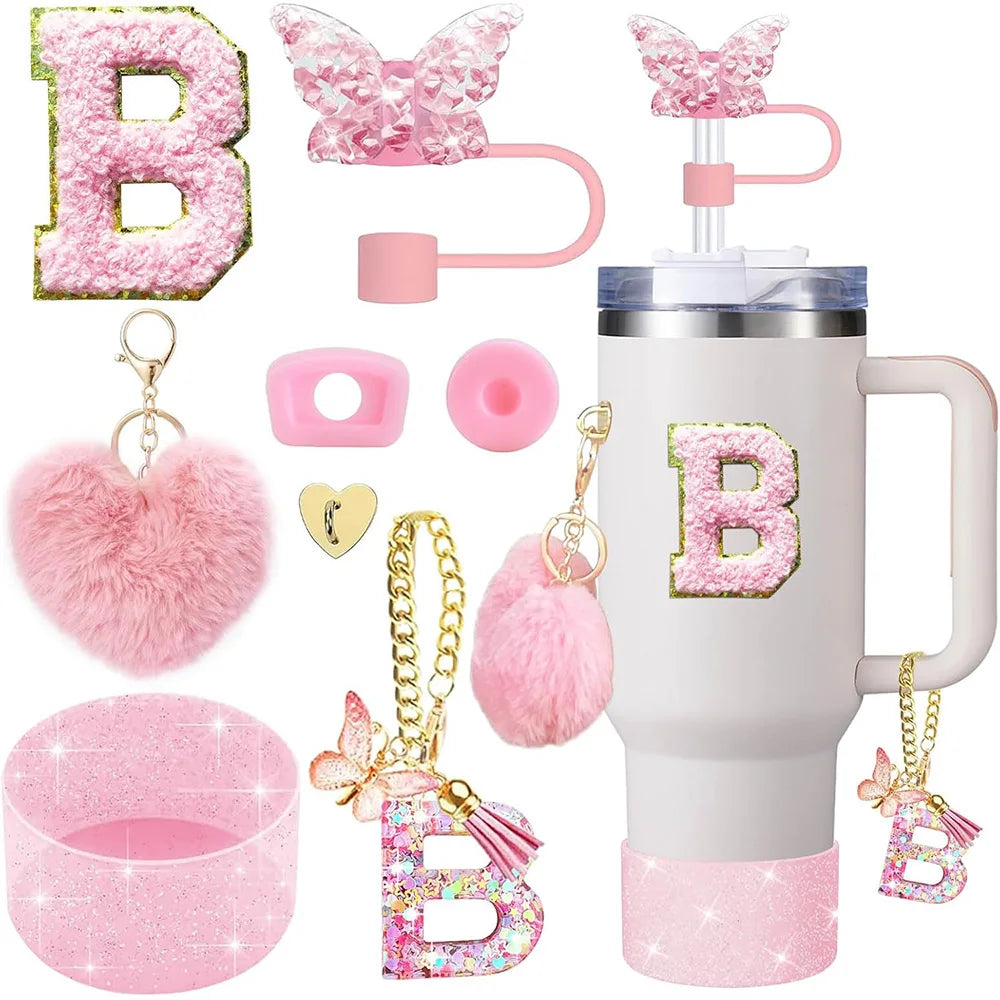 8pcs Cup Accessories for Stanley Cup 30oz 40oz Includes Butterfly Straw Cover Cap Silicone Boot Handle Charm Initials Sticker