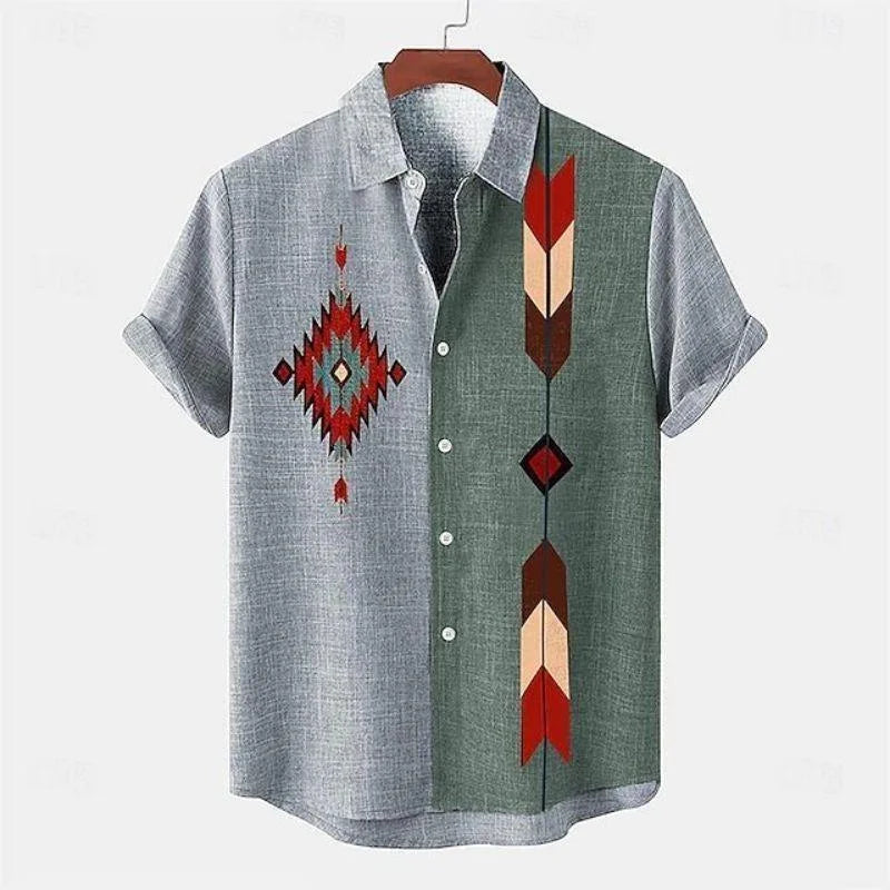 Men's shirt linen summer shirt beachwear blue short sleeved solid color lapel summer casual
