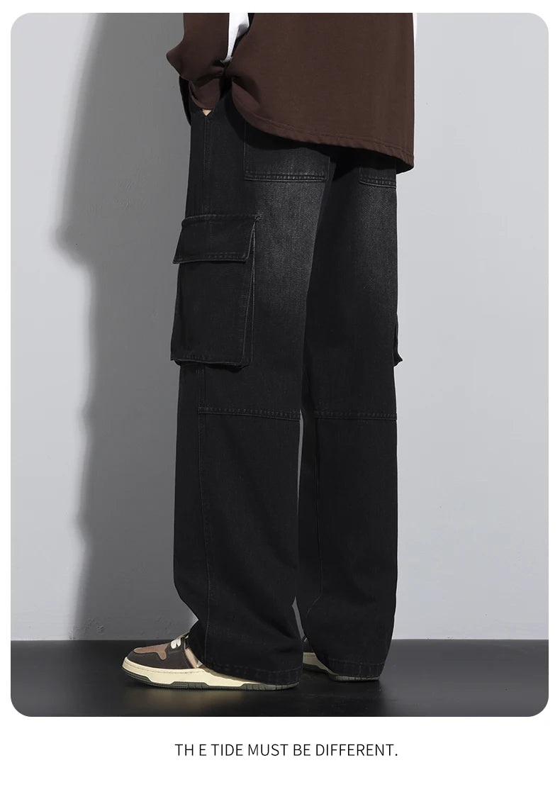Men's Straight Cargo Jeans New Elastic Waist Multi-pockets Baggy Denim Pants Y2K Fashion Harajuku Streetwear Trousers Male - Premium Kiosk