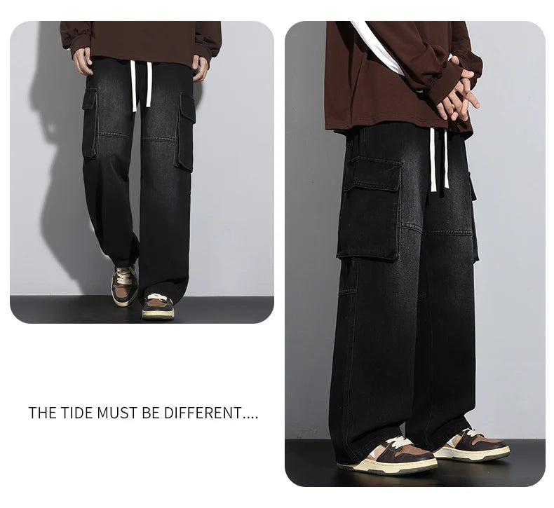Men's Straight Cargo Jeans New Elastic Waist Multi-pockets Baggy Denim Pants Y2K Fashion Harajuku Streetwear Trousers Male - Premium Kiosk