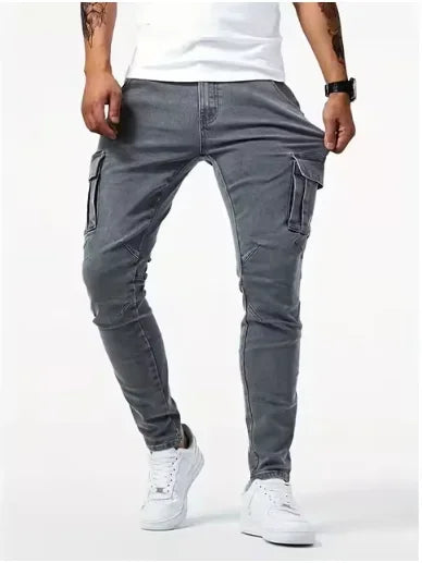 2025 Street Elastic Jeans Men Denim Cargo Pants Wash Solid Color Multi Pockets Casual Mid Waist Trousers Slim Daily Wear Joggers - Premium Kiosk