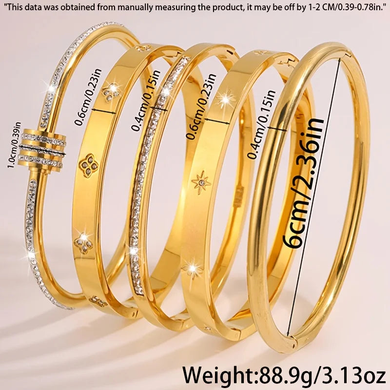 5-piece Women Bracelet Set - 18k Gold Plated Stainless Steel With Sparkling Rhinestone Embellishments Stackable Fashion Jewelry