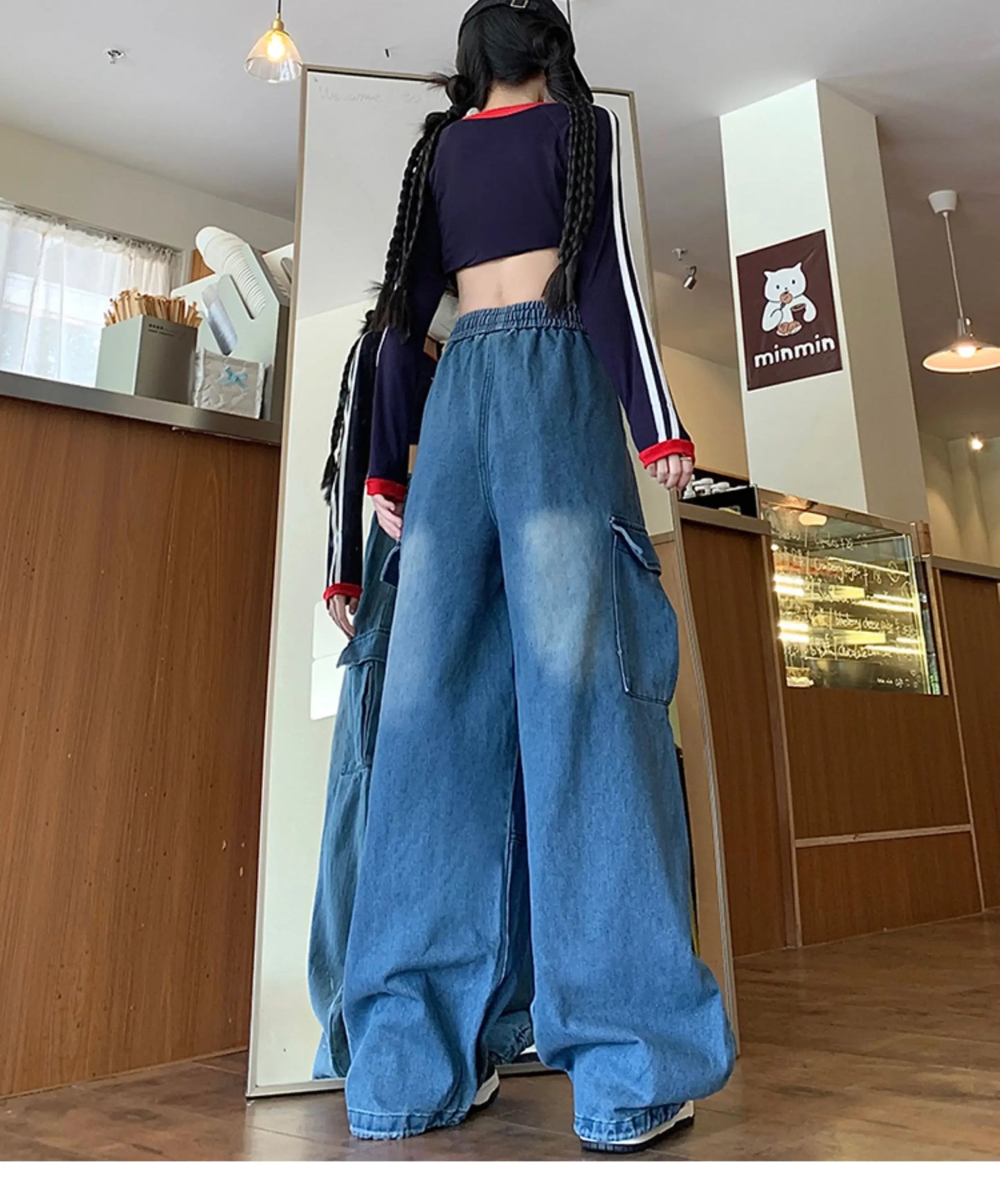 Cargo Jean Loose Wide Leg Workwear Jeans Elastic Waist Men and Women Spring Autumn Faion Brand Waed Out Trousers Straight Cut