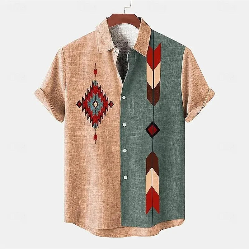 Men's shirt linen summer shirt beachwear blue short sleeved solid color lapel summer casual