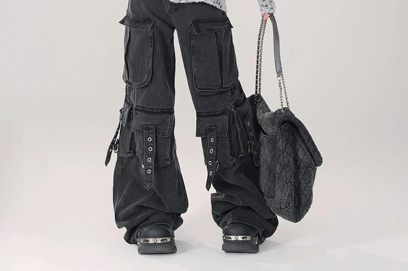 Y2K 2000S Black Cargo Jeans Women Vintage Streetwear Wide Leg Denim Pants Harajuku Aesthetic High Waist Baggy Straight Trousers - Premium Kiosk