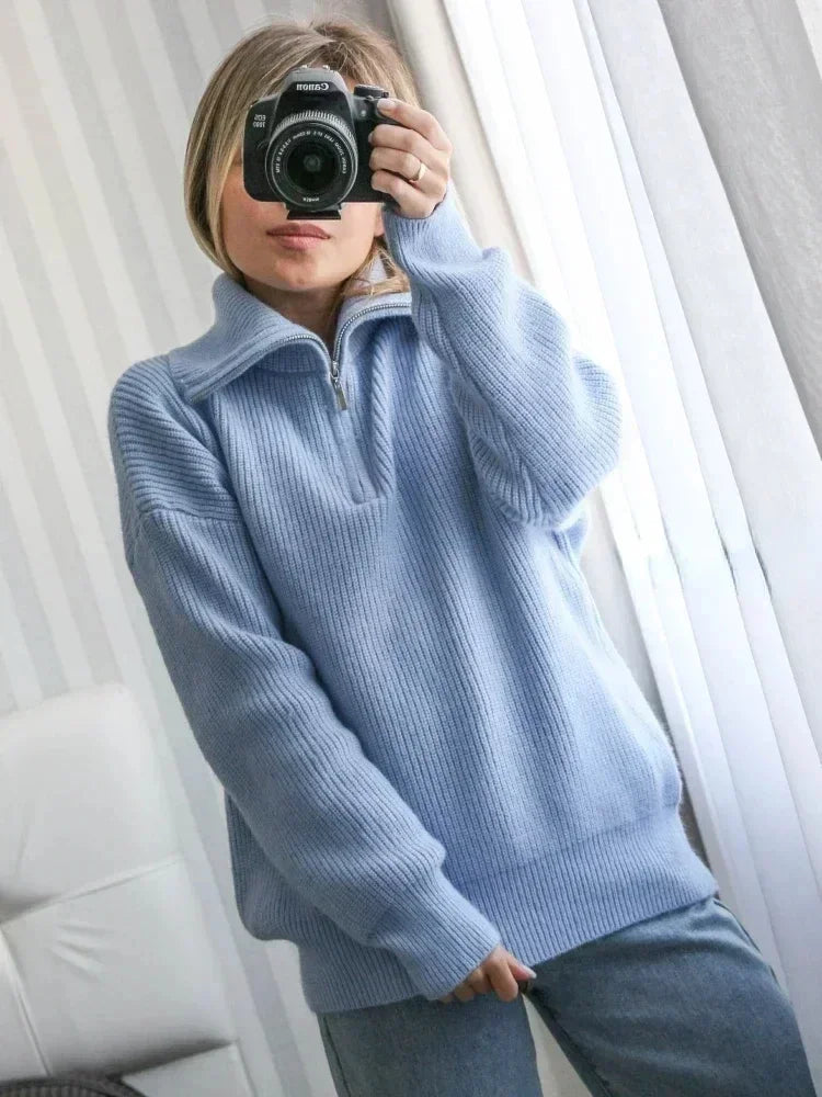 Women's Winter Sweaters Solid Grey Ladies Turtleneck Casual Loose Thick Zippers Pullovers Beautiful Oversized Sweater Women