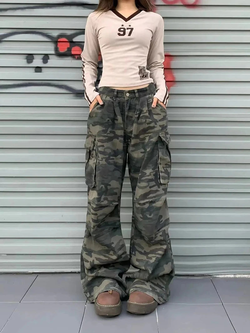 Women Y2K Camouflage Cargo Jeans Vintage High Waist Hip Hop Wide Leg Pants Female Street Wear Baggy Straight Denim Trouser - Premium Kiosk