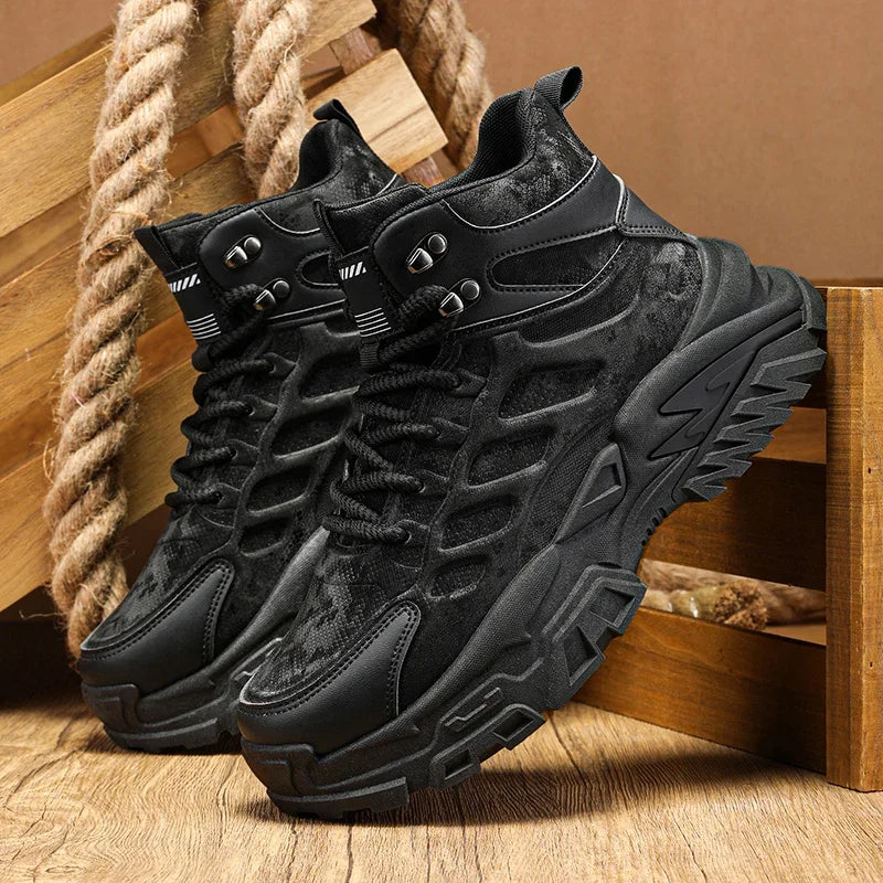 2025 Men's high-top thick-sole casual shoes versatile mixed material daddy sneakers outdoor tooling wear-resistant men's shoes