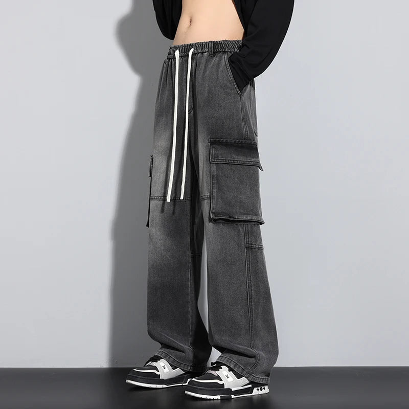 Men's Straight Cargo Jeans New Elastic Waist Multi-pockets Baggy Denim Pants Y2K Fashion Harajuku Streetwear Trousers Male - Premium Kiosk