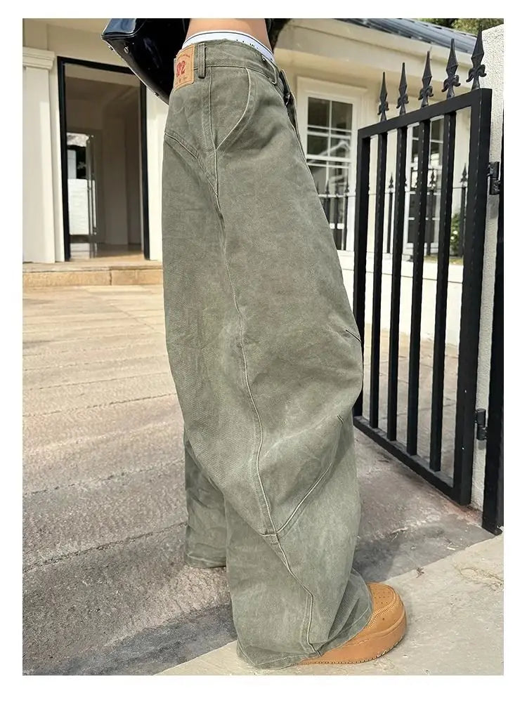 Women's Y2K Vintage Wash Cargo Jeans Harajuku Scimitar Wide Leg American Retro Denim Pants Baggy Trousers Gyaru Streetwear - Premium Kiosk