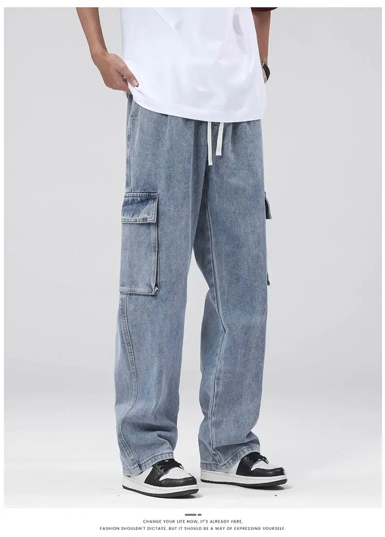 Men's Baggy Straight Cargo Jeans Elastic Waist Drawstring Casual Pants High Street Fashion Vintage Trousers Male Trendy Brand
