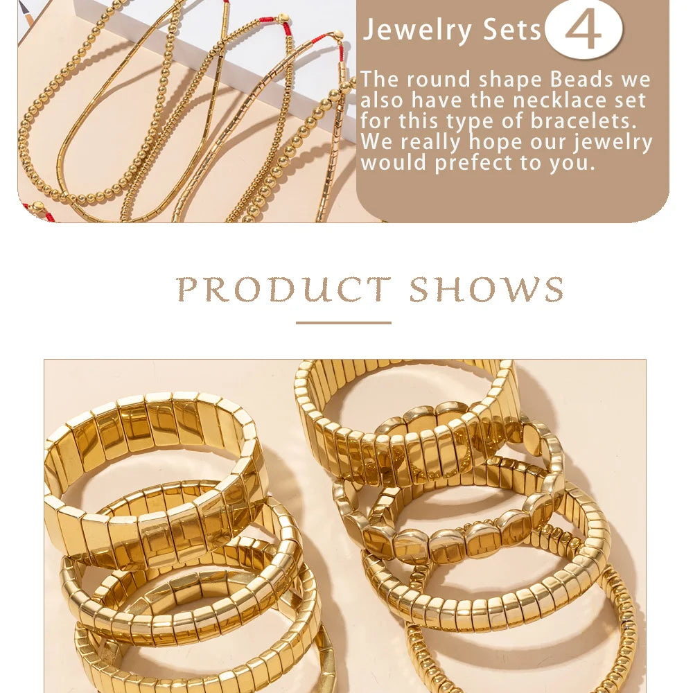2024 New Design Golden Bracelets For Women Gold Color Hematite Beaded Elastic Bangle Sets Square Shape Beads Accessory