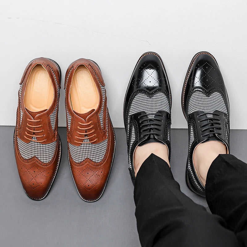 2025 Spring British Two-Tone Brogue Shoes Men Leather Low-Cut Casual Shoes Anti-Slip Breathable Office Daily Wear Oxford Shoes