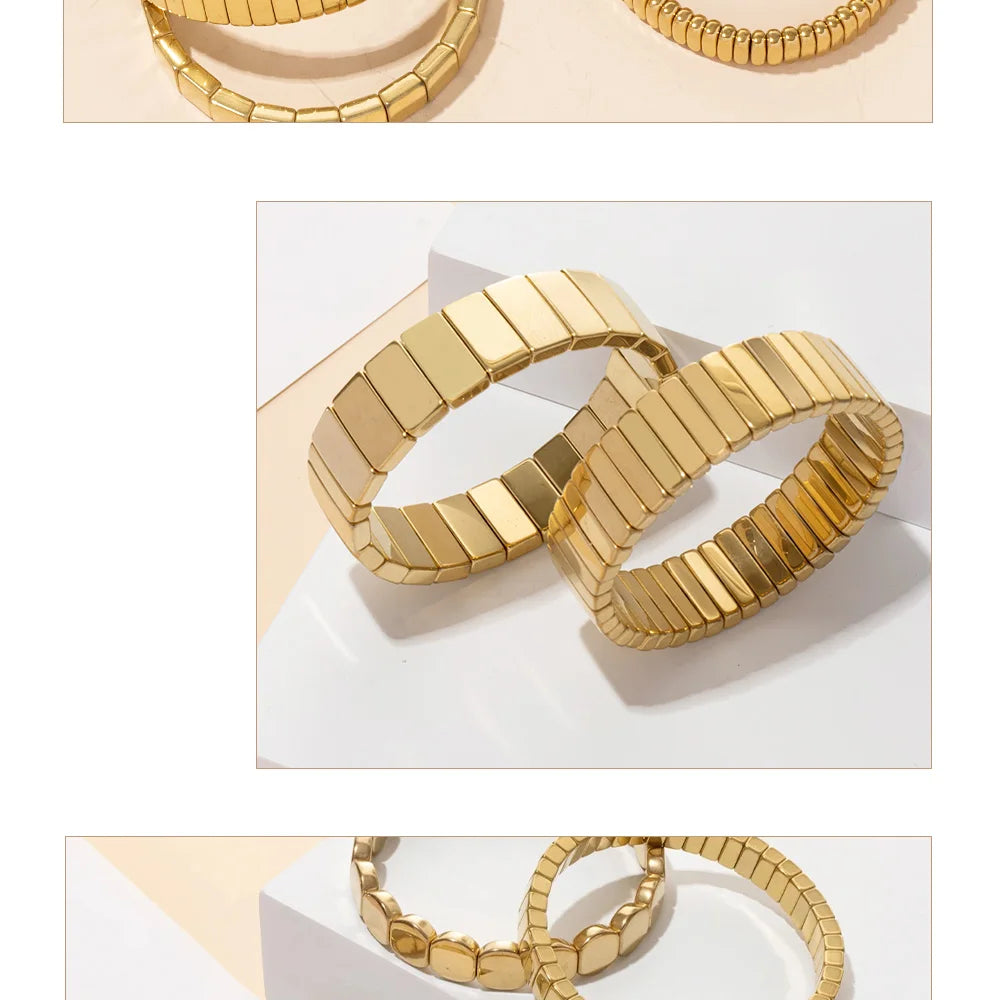 2024 New Design Golden Bracelets For Women Gold Color Hematite Beaded Elastic Bangle Sets Square Shape Beads Accessory