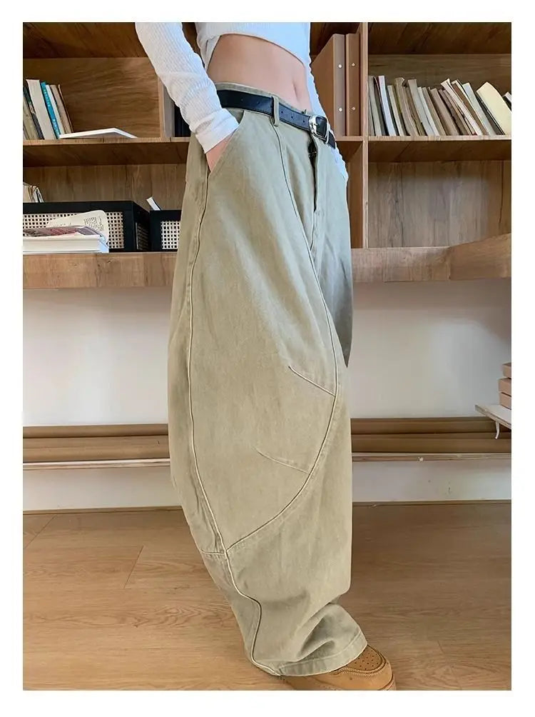 Women's Y2K Vintage Wash Cargo Jeans Harajuku Scimitar Wide Leg American Retro Denim Pants Baggy Trousers Gyaru Streetwear - Premium Kiosk