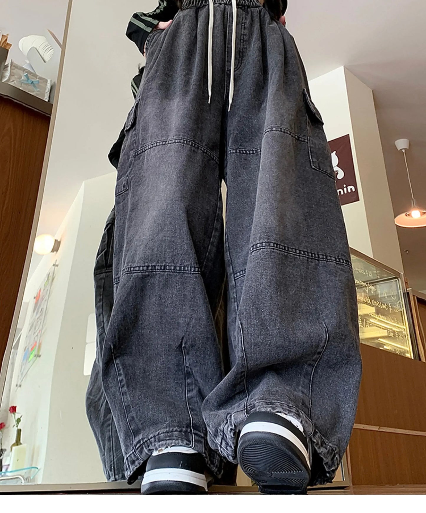 Cargo Jean Loose Wide Leg Workwear Jeans Elastic Waist Men and Women Spring Autumn Faion Brand Waed Out Trousers Straight Cut