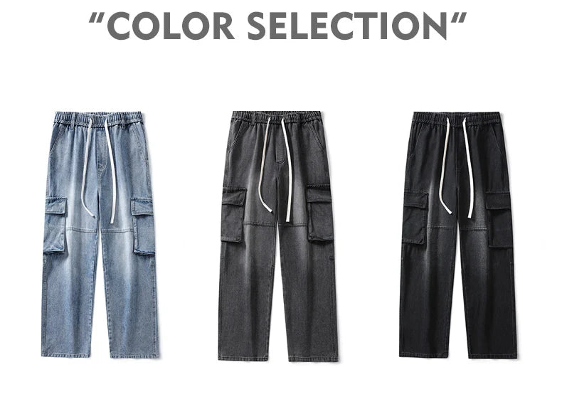 Men's Straight Cargo Jeans New Elastic Waist Multi-pockets Baggy Denim Pants Y2K Fashion Harajuku Streetwear Trousers Male - Premium Kiosk